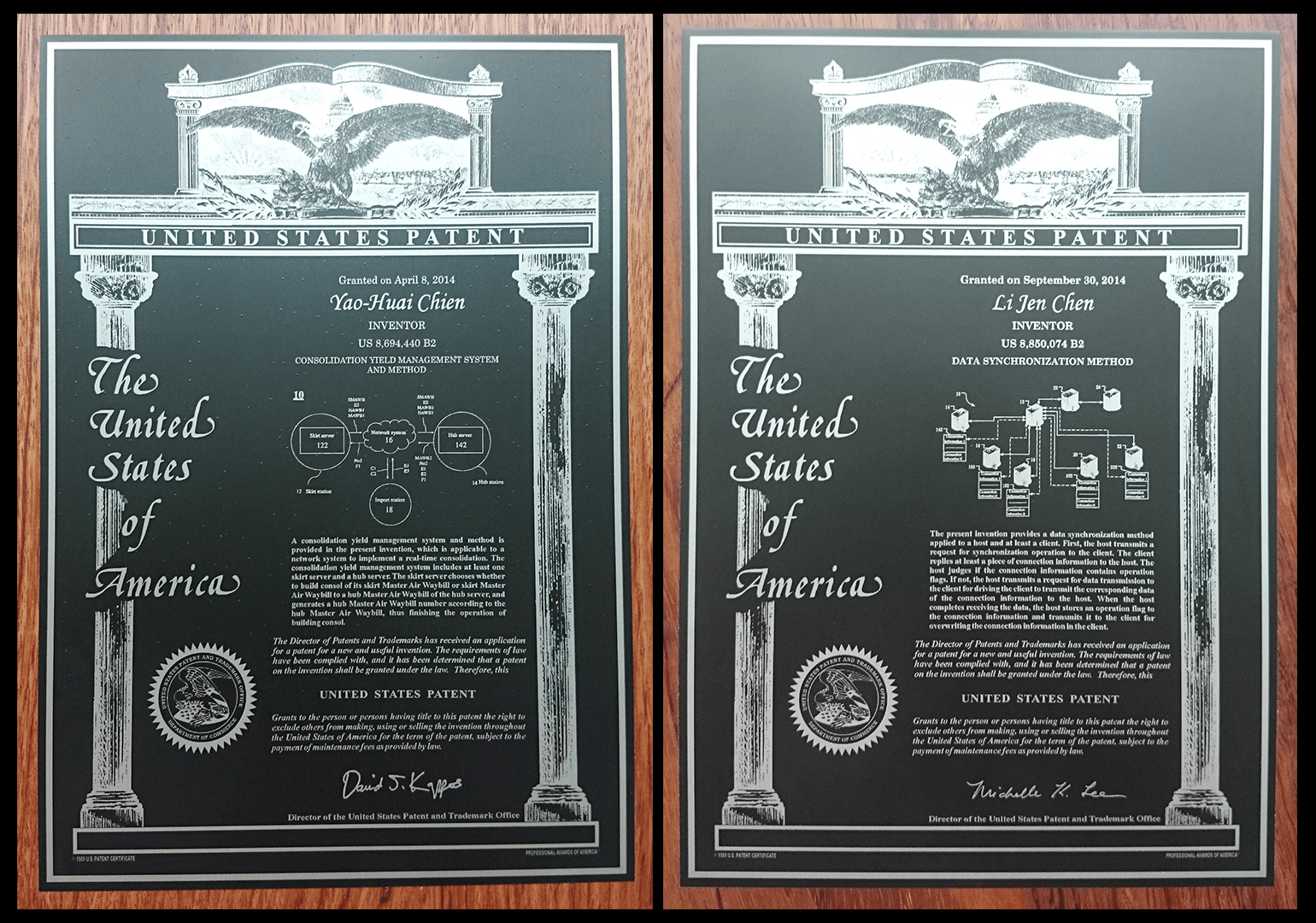 US Patent certificates side by side