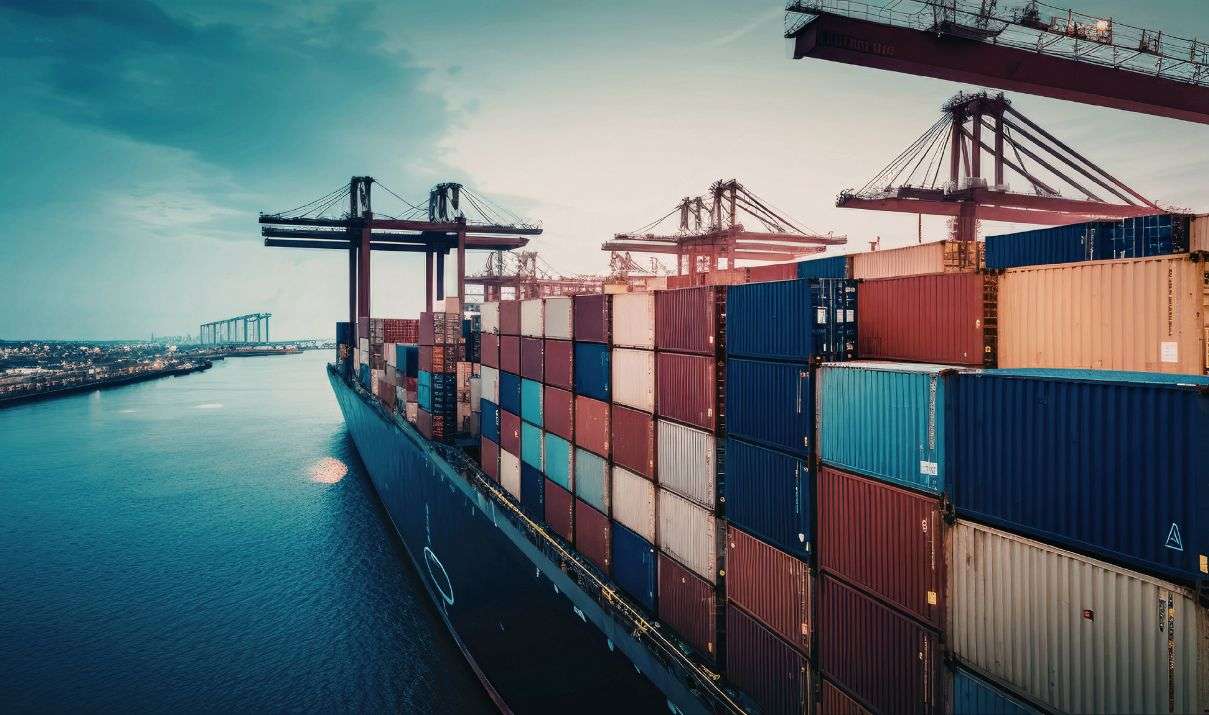 载运集装箱的货轮停靠于国际港口，象徵关税工程与跨国进口物流。